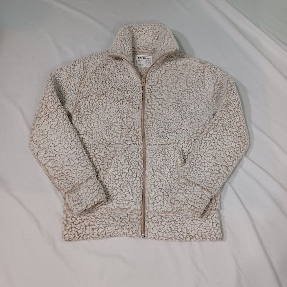 Express Sherpa Jacket Womens White Beige XS/TP Fleece Full Zip Mock Neck